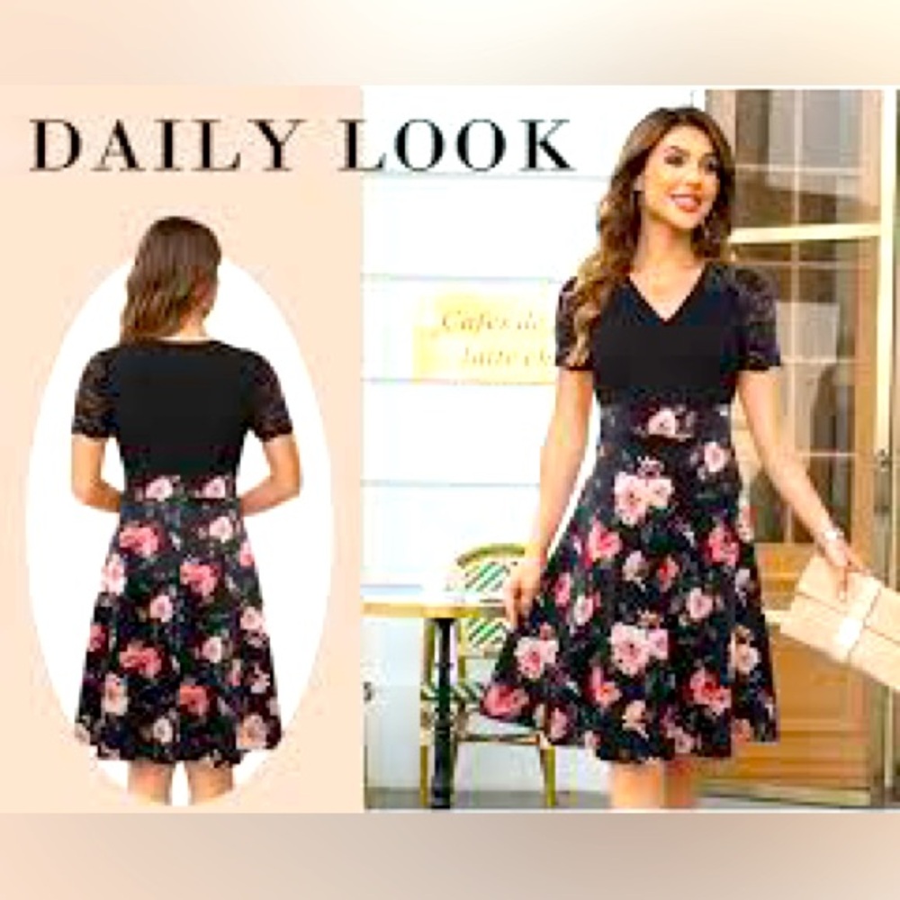 Lace Vintage Dresses for Women Casual A-Line V Neck Floral Flowy Midi Length XL